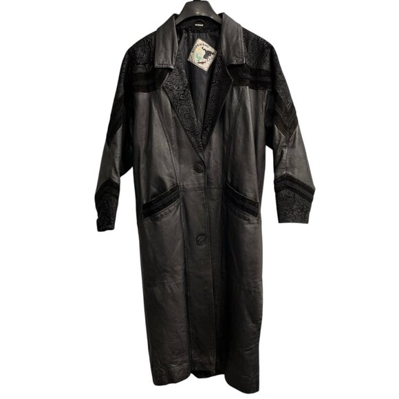 Desperado Trench Coat Women M Black Leather Suede Paisley Detail Western Rodeo